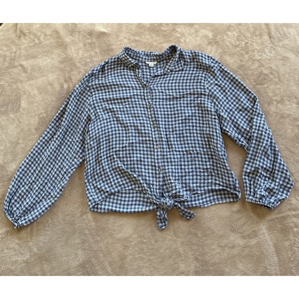 American Eagle Women's Large Blue Gingham Plaid Preppy Coastal Style Tie-front